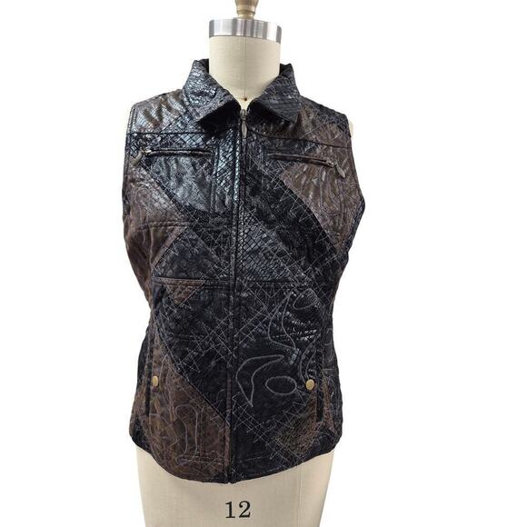Chico's 2 L Vest Brown Snake Skin Pattern Embroidered Patchwork Design Vegan - Picture 1 of 5